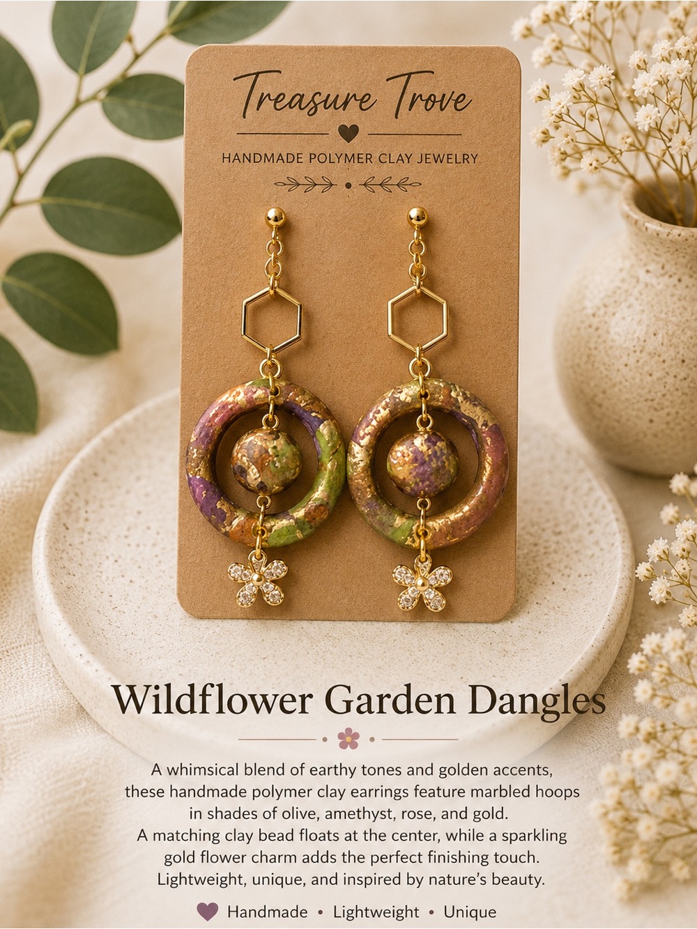 Treasure Trove Wildflower Garden Dangle Earrings — Olive, Purple & Gold